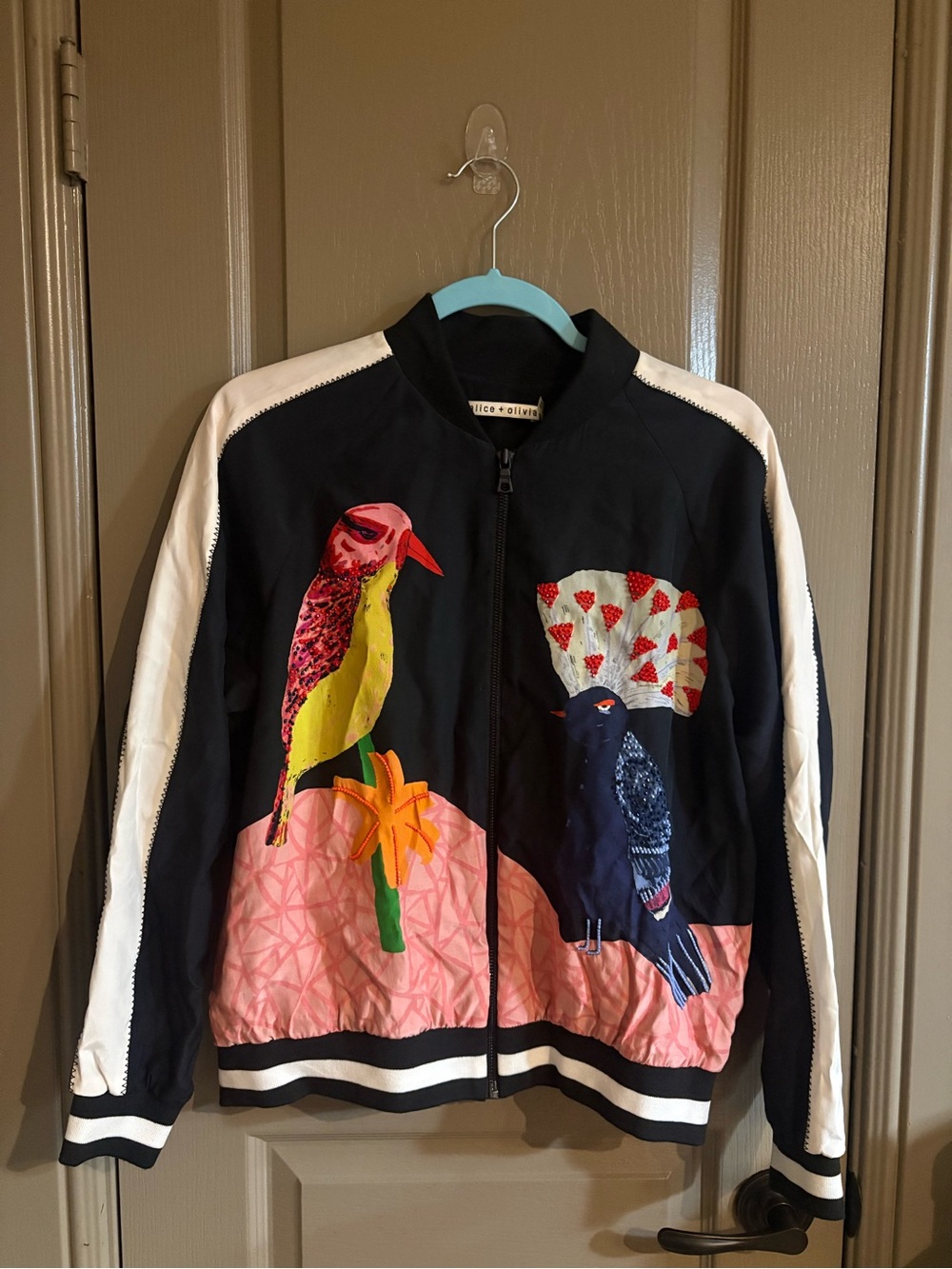 Alice + Olivia Black Bomber Jacket with Multicolor Bird Embroidery